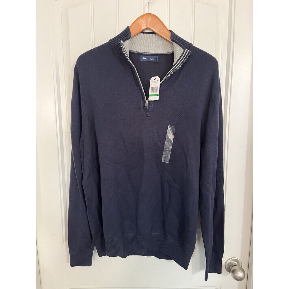 New! Nautica‎ Golf Sweater Mens Large Navy Embroidered 1/4 Zip Pullover Knit 314